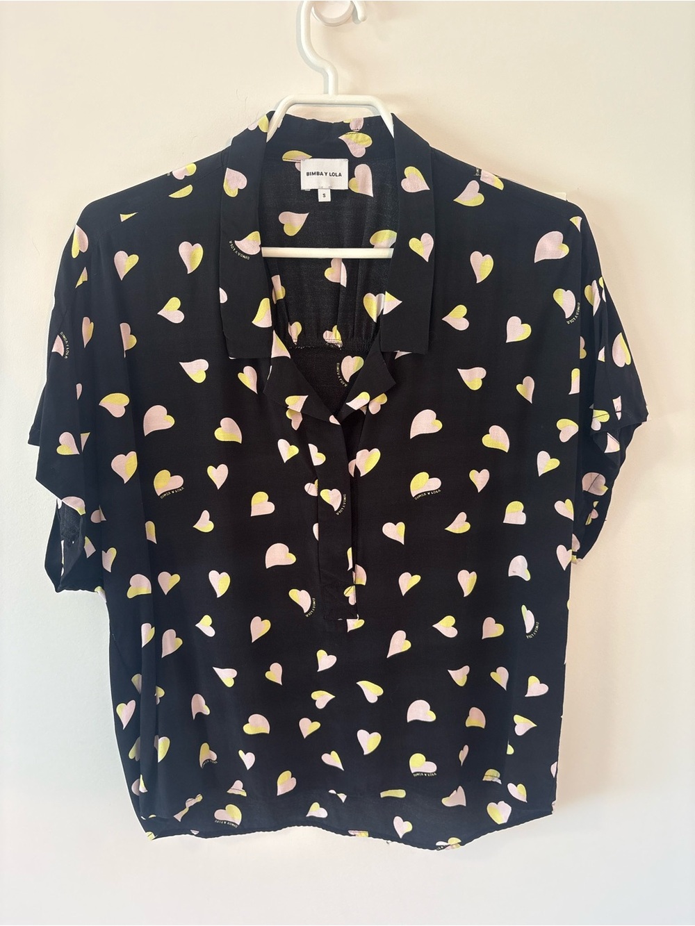 BIMBA Y LOLA Heart Print Blouse | Size Small | Designer Short Sleeve Top